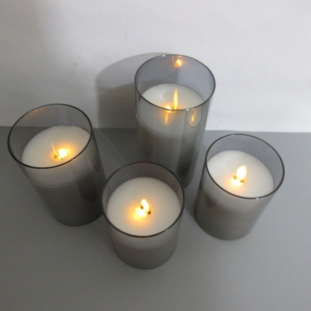 Set of 4 Flameless Pillar White Candles LED 3" Wide Tallest 6" Movable Flame